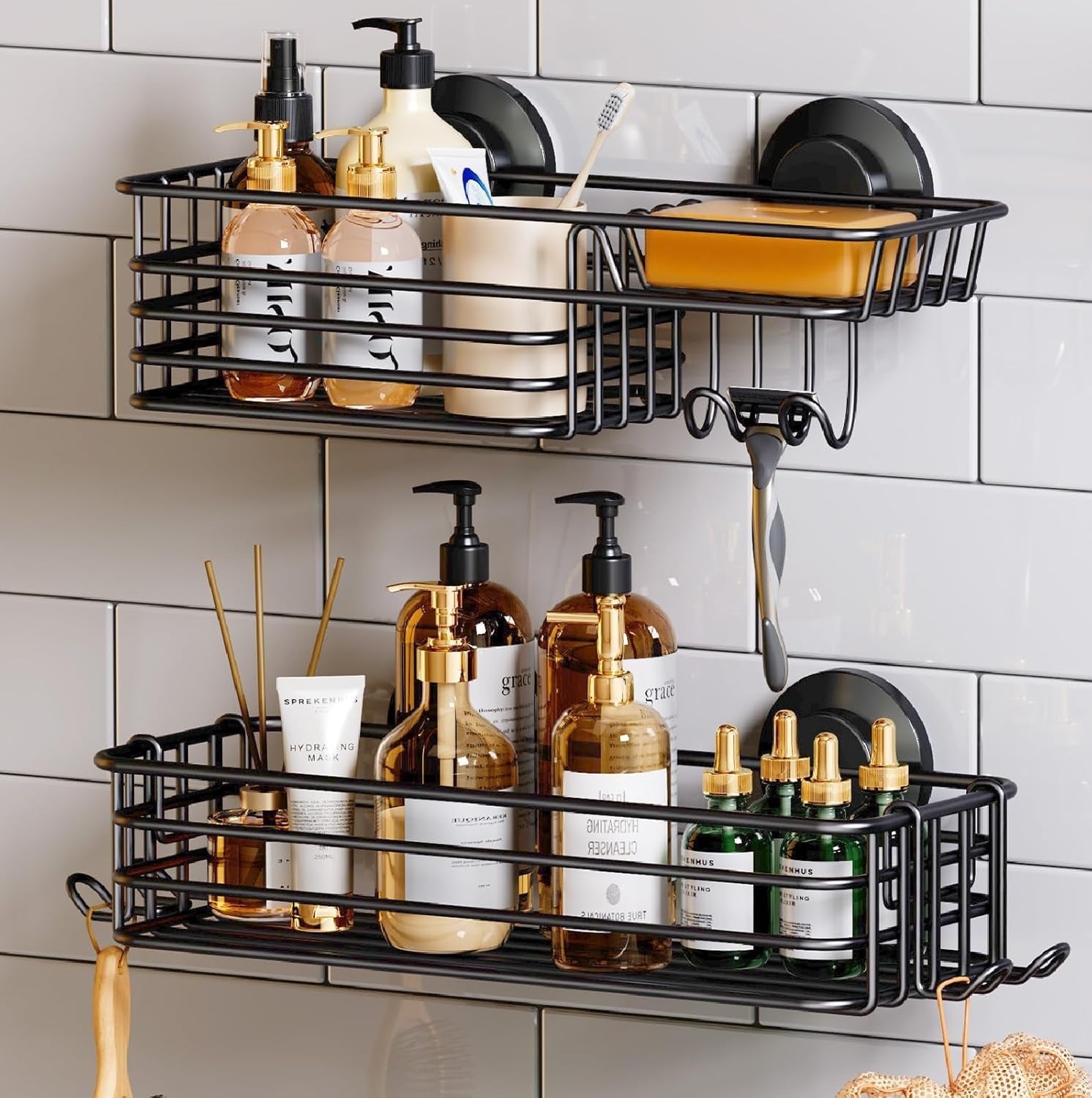 shower-caddy-suction-cup-2-pack-with-hooks-soap-holder-black