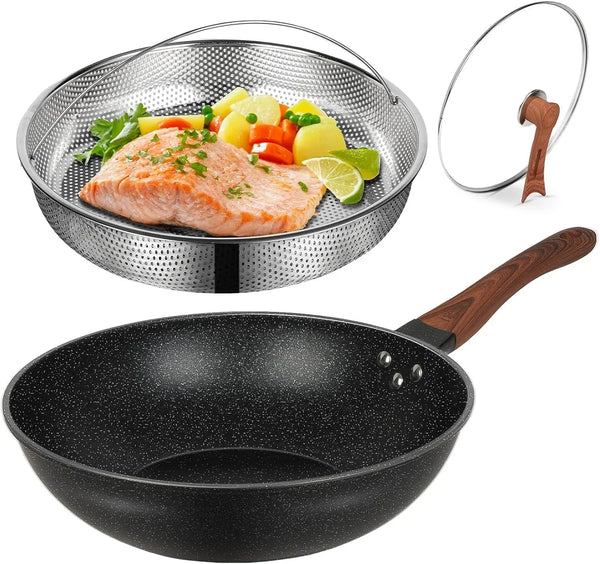 Nonstick Wok with Lid, 13 Inch Woks & Stir-Fry Pan 100% PFOA Free | Granite Stone Coating for Cooking, Induction Wok Pan for Electric, Gas, Halogen, All Stoves1