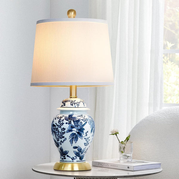 Chinoiserie Table Lamp 23'' Ceramic Table Lamp, Classic Blue and White Bedside Desk Nightstand Lamp for Bedroom Living Room Office College Bookcase Coffee,Dimmable,Single Lamp1