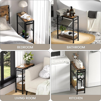 Small Side Table for Small Space, 3-Tier Narrow End Table with Magazine Holder,Slim Nightstand, Skinny Snack Couch Table in Living Room, Bedroom Study and Balcony (Rustic Brown &Black)5