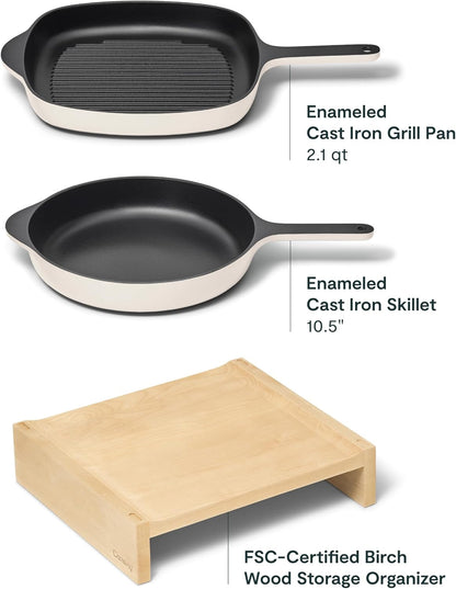 Caraway 10.5" Cast Iron Skillet and Grill Pan Duo | Enameled Cookware Set with Non-Toxic 3-Layer Enamel Coating, No Seasoning Required, Compatible with All Stovetops, Cream3
