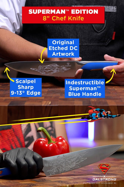 Chef Knife Set 2-Piece — DC Superman™ Licensed Edition — 8" Chef & 4" Paring — Official License — German Stainless — for DC Fans & Daily Cooking — POM Handle, Customer Support8