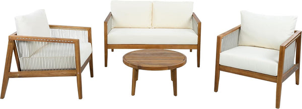 Lalulu 4-Seater Patio Furniture Set with Cushion, 4 Piece Outdoor Acacia Wood Conversation Set, Sold Wood Outdoor Sectional Sofa Set with Coffee Table, Teak+Beige3