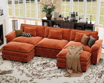 120" Oversized Modular Sectional Sofa, Comfy U-Shaped Cloud Couch W/ 2 Movable Ottoman, 5-Seater Chenille Deep Seat Modern Sofa Couch for Living Room, DIY Combination, Terracotta Orange1