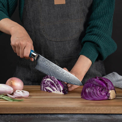 SENKEN Tsunami 7-Piece Damascus Kitchen Knife Set with Magnetic Knife Block – 67-Layer Japanese VG10 Steel – Chef, Santoku, Cleaver, Bread, Boning & More – Blue Resin Burl Wood Block6
