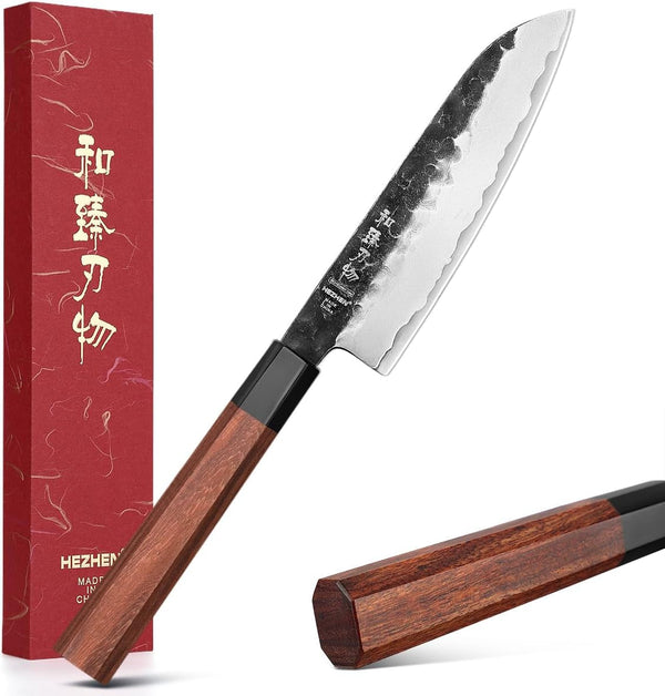 5.5 Inches Santoku Knife, Three-Layer Clad Steel, Professional Small Japanese Chef Knife, Ultra Sharp Blade, Red Wood Octagonal Handle1