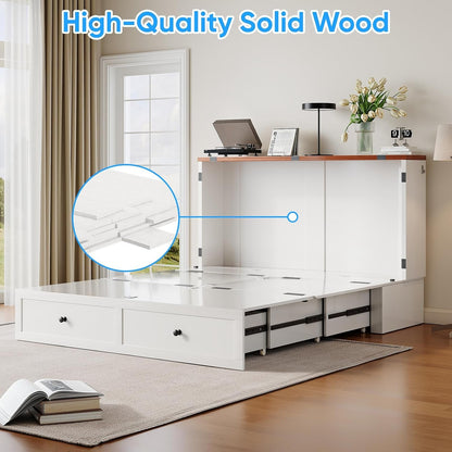 Murphy Bed Queen with Mattress Included, Farmhouse Frame Cabinet Beds Chest with Charging Station & Storage Drawers, Convertible Hideaway Cabinet Bed for Guest Room, White4