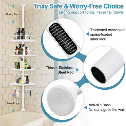 Corner Shower Caddy Tension Pole, Rustproof Bathtub Storage Organizer with 4 Adjustable Shelves, Bathroom Shower Rack Shampoo Holders for inside Shower, 40"-120" Floor to Ceiling Shower Caddy White4