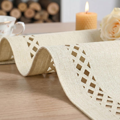 Beige Rustic Geometric Hollow Table Runner, Seasonal Washable Kitchen Dining Table Decoration for Home Party Decor 13X90 Inch6