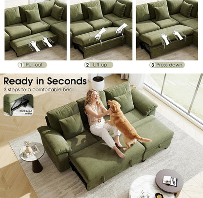 86" Modular Sectional Sleeper Sofa Bed, L Shaped 4 Seat Pull Out Couch with Storage Ottoman, Convertible Cloud Couch Bed, Sectional Couches for Living Room, Apartment (Green)6