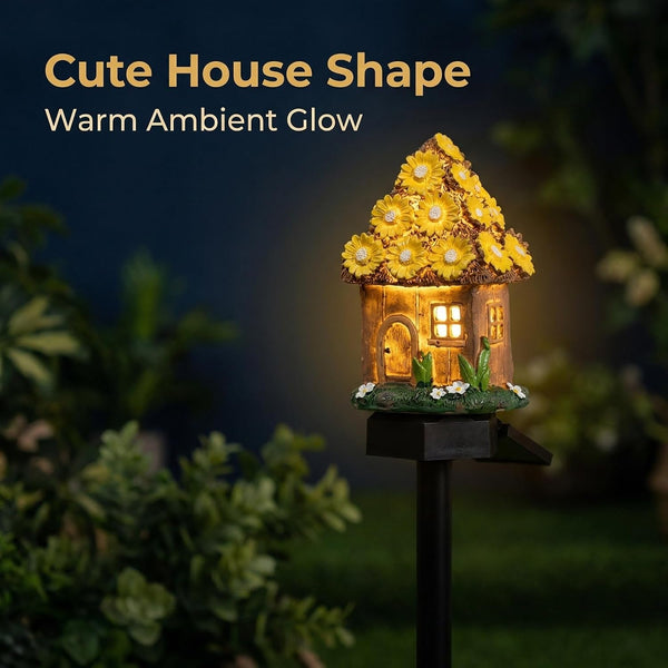 Solar Fairy House Garden Stake Lights, Resin Mushroom and Cottage Figurines, Outdoor Pathway Decor (Yellow)2