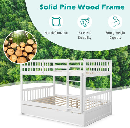 Full over Full Bunk Bed with Trundle, Solid Wood Trundle Bed Frame W/Guardrails and Ladder, Convertible to 2 Beds, Full Size Bunk Beds for Adults Kids Teens, No Box Spring Needed, White7