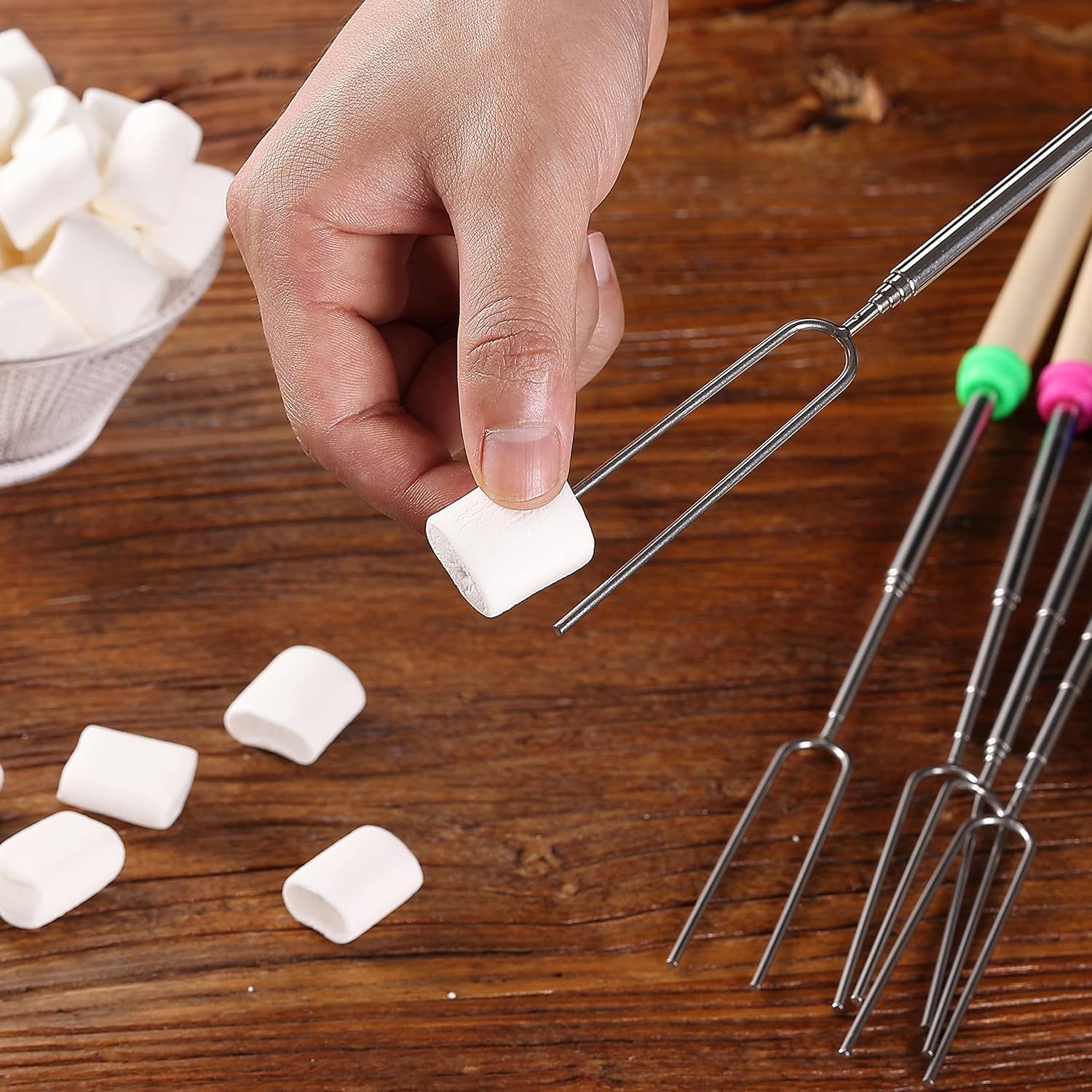 marshmallow-roasting-sticks-32-5-pack-dark-brown-wooden-handle-extendable-stainless-steel-smores-sticks-for-fire-pit-smores-skewers-campfire-cooking-equipment