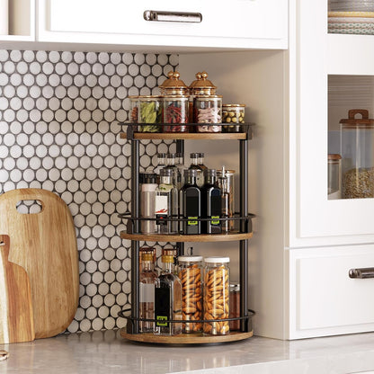 3-Tier Lazy Susan Organizer, Rotating Spice Rack, Spinning Organizer, Industrial Turntable Spice Rack Organizer for Cabinet, Kitchen Countertop, Pantry, Rustic Brown and Black SR23BR3