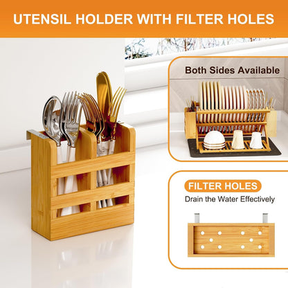 Bamboo Dish Drying Rack with Utensil Holder, 3 Tier Collapsible Dish Rack, Wooden Dish Racks for Kitchen Counter, Large Folding Drying Holder with Absorbent Dish Drying Mat3