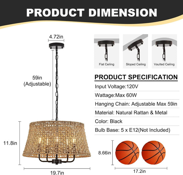 19.7" Boho Rattan Chandelier, 5-Light Black Wicker Light Fixture3