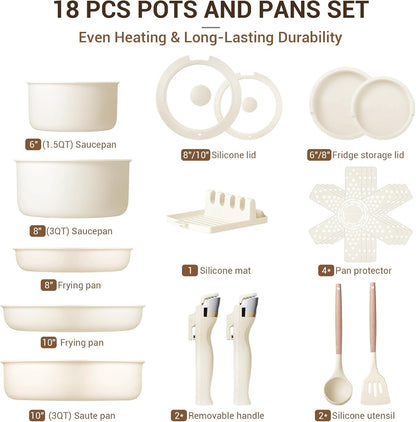 18-Piece Ceramic Pots and Pans Set Non Stick, Non Toxic Cookware Set with Removable Handles, Pot Sets for Cooking, Induction Ready, Dishwasher & Oven Safe, PFAS PFOA & PTFE Free (Cream White)8