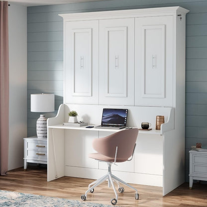 Alegra Full Murphy Bed with Desk | Engineered and Solid Wood Construction | Smooth Painted Finish - NO Melamine Used | Perfect for a Home Office Guest Bed (Warm White)1