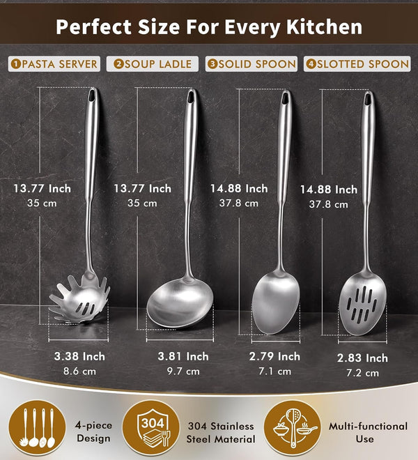4 Pcs Stainless Steel Cooking Spoons Set, 304 Solid & Slotted Metal Serving Spoons, Pasta Fork, Large Soup Ladle, High Heat Resistant Kitchen Cooking Utensils for Mixing, Stirring, Dishwasher Safe7