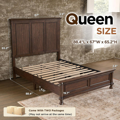 Solid Wood Queen Bed Frame, Traditional Wooden Platform Bed2