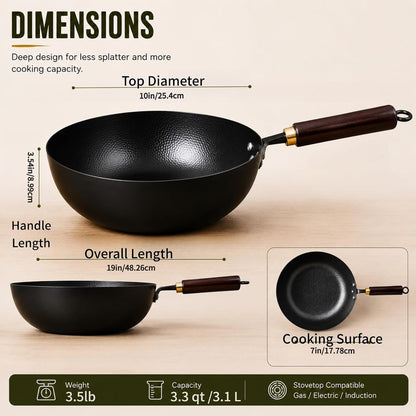 10” Carbon Steel Wok, Hand-Hammered Texture, Pre-Seasoned | Deep Sides Provide Room for Stir-Frying, Simmering, Braising, and Deep-Frying; Flat Bottom Stays Stable on All Cooktops.6