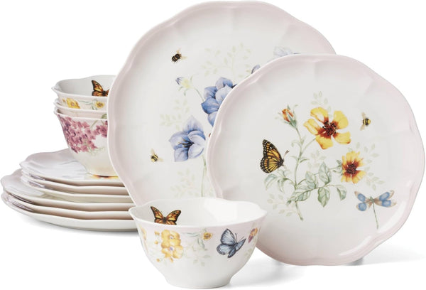 Butterfly Meadow Pink Porcelain 12-Piece Dinnerware Set for 41