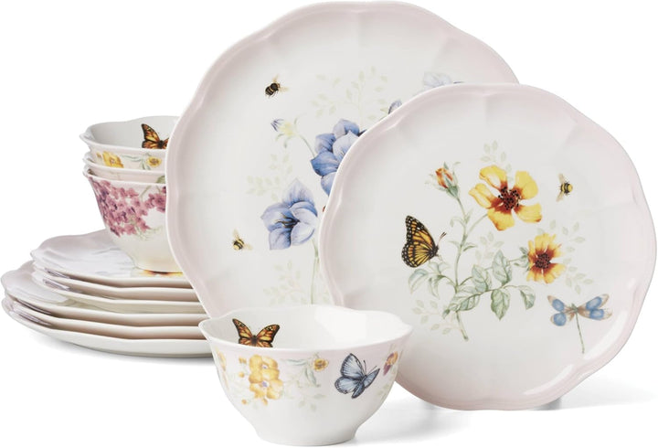 Butterfly Meadow Pink Porcelain 12-Piece Dinnerware Set for 4