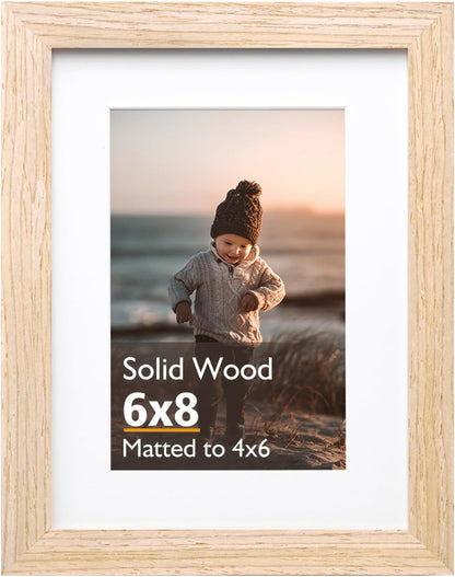 6X8 Picture Frame, Natural Solid Wood Frame with Acrylic Plexiglass for Pictures 4X6 with Mat or 6X8 without Mat, Tabletop and Wall Mounting Display Photo Frame 1 Pack1