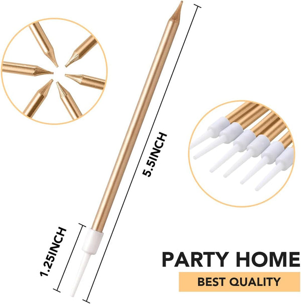 24 Count Party Long Thin Cake Candles Metallic Birthday Candles in Holders for Birthday Cakes Cupcake, Champagne Gold3
