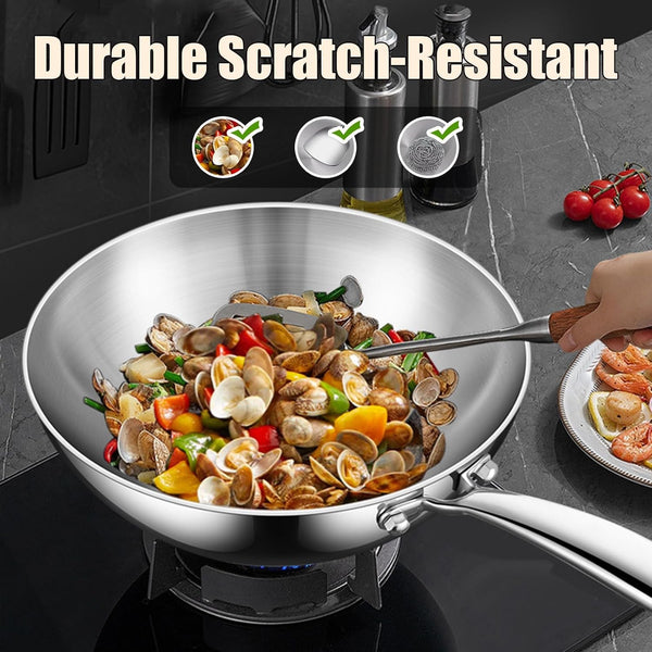 5 Ply Clad Stainless Steel Wok Pan with Lid/Steamer, No Coating Non-Stick Flat Bottom Wok, Even Heating Frying Pans, Compatible with All Cooktops,No Lid,9.45In4
