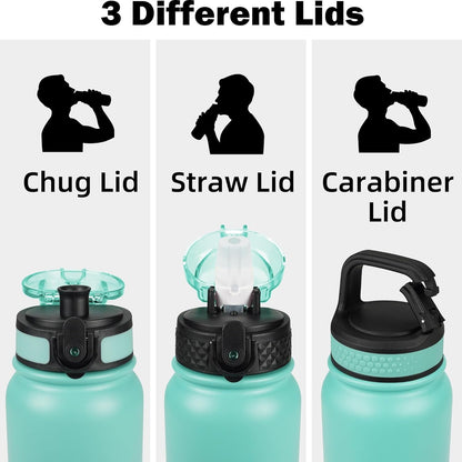 Insulated Water Bottle 20Oz for Adults Kids Stainless Steel Water Bottles with Straw/Chug/Carabiner 3 Lids Fruit Strainer Double Wall Vacuum Wide Mouth BPA Free Leak-Proof for School Travel2
