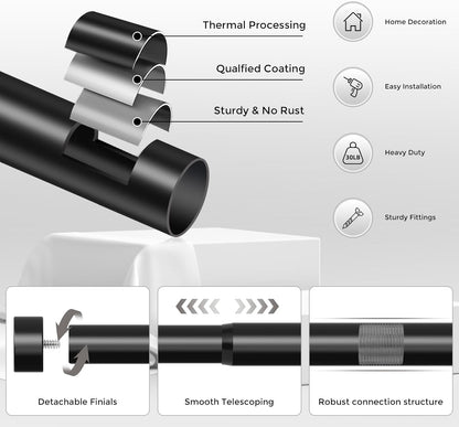 Curtain Rods for Windows 48 to 84 Inch(4-7 Feet),Black 1'' Diameter Drapery Rods with End Cap Style Design,Modern Adjustable Heavy Duty Curtain Rod,Size:36''-88''7