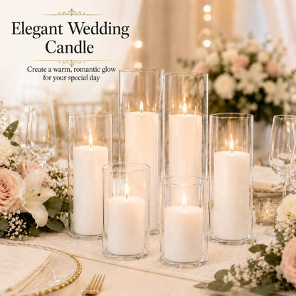 Set of 6 White Pillar Candles with Clear Glass Hurricane Holders- Elegant Cylinder Candle Vases for Weddings, Parties, Centerpieces, Home & Office Decor (White, 6 Set)4