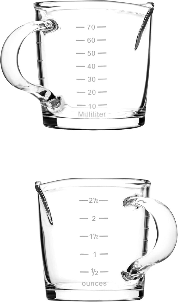 Espresso Shot Glass with Handle, 4 Pack 3-Ounce Double Spout Glass Measuring Cup Triple Pitcher Milk Cup with Two Scales (OZ&ML)2