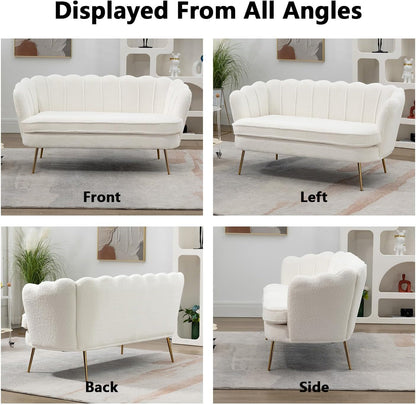 59" Small Modern Chenille Loveseat Sofa, 2-Seater Sofa with Gold Metal Legs, Small Couch with Flower Shaped Back for Living Room Bedroom Office (Ivory)5