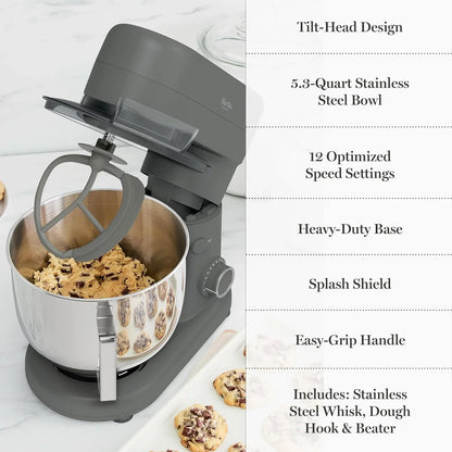 5.3QT Tilt Head Stand Mixer, 12 Speeds, Stainless Steel Bowl | Dough Hook, Stainless Whisk, Beater, Removable Splash Shield, Bread, Cake & Whipping, Electric Kitchen Mixer, Caviar Gray9