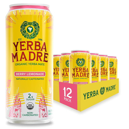 Yerba Madre Organic Yerba Mate, Low Sugar Berry Lemonade, 150Mg Natural Caffeine, Energy Drink Alternative, No Jitters or Crash, 15.5 Oz (Pack of 12)1