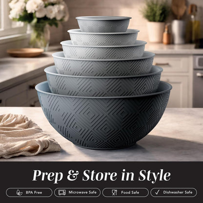 Mixing Bowls with Lids - 12 Piece Plastic Nesting Bowls Set Includes 6 Prep Bowls and 6 Lids, Microwave Safe Mixing Bowl Set, Grey Rhombus3