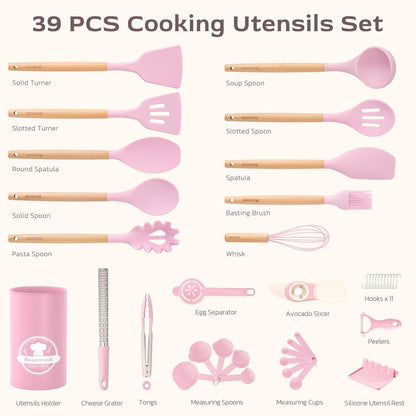 Kitchen Utensils Set, 39 PCS Silicone Cooking Utensils Set with Wooden Handle, 446°F Heat Resistant Food Grade Utensil Sets, BPA Free Kitchen Gadgets Tools Set for Nonstick Cookware (Pink)9