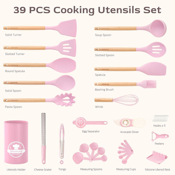 Kitchen Utensils Set, 39 PCS Silicone Cooking Utensils Set with Wooden Handle, 446°F Heat Resistant Food Grade Utensil Sets, BPA Free Kitchen Gadgets Tools Set for Nonstick Cookware (Pink)9