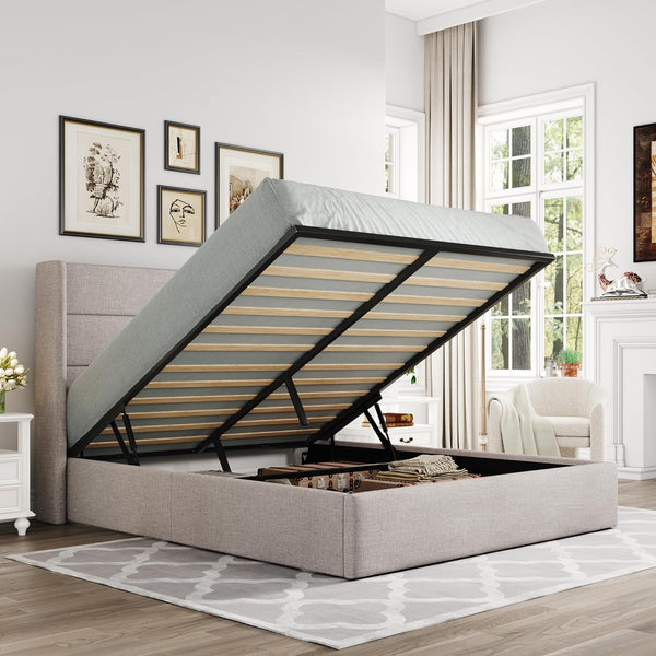 Full Size Lift up Hydraulic Storage Bed Frame Light Beige1