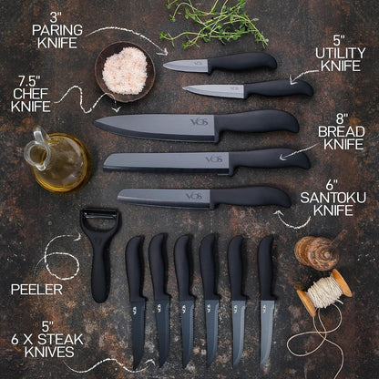 Ceramic Knife Set with Block - 13-Piece Ceramic Knives Set for Kitchen, Includes Chef, Santoku, Bread Knives, Steak Knives, Peeler & Elegant Wooden Block - Ultra-Sharp, Dishwasher Safe,Lightweight2