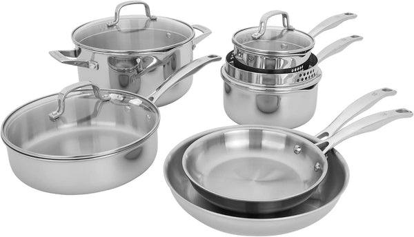 Henckels Clad H3 10-Pc Stainless Steel Cookware Set, Oven Safe up to 500°F | Dishwasher Safe, Tri-Ply Clad Construction. Induction Compatible Designed for All Cooktops.1