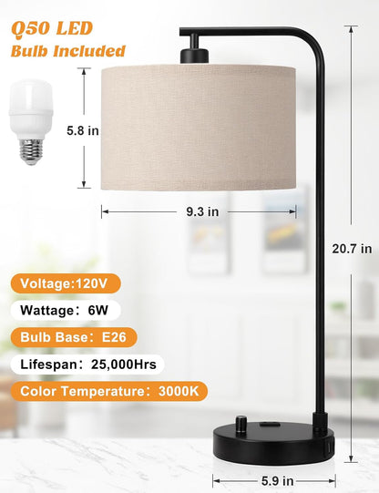 20.7" Tall Table Lamp with USB & Outlet, Fully Dimmable Nightstand Lamp | Linen Lampshade, USB Port and Outlet, Black Desk Lamp for Bedside, Living Room, Guest Room, Home Office, LED Bulb Included7