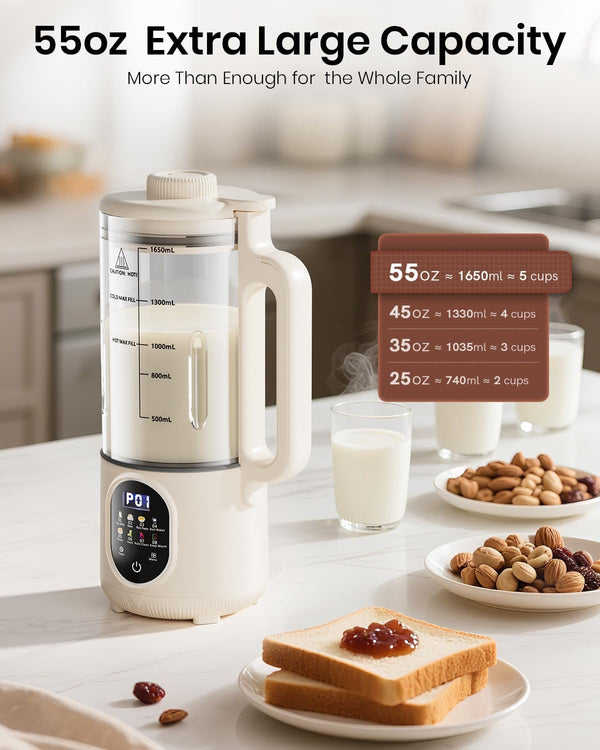 55Oz Family Size Nut Milk Maker (5-6 Cups), Soy Milk Maker Machine for Almond/Oat/Soy/Cashew Milk, Juice & Smoothie, Almond Milk Maker with Auto Clean/Self-Clean, Delay Start, Boil Water & Keep Warm3