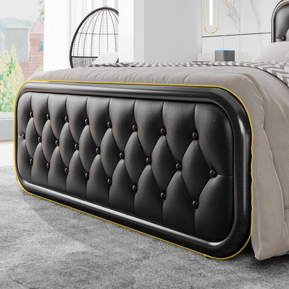 Full Size Metal Bed Frame with Button Tufted Leather Upholstered Headboard and Footboard, U-Shape Support Foundation, No Box Spring Required, Black5