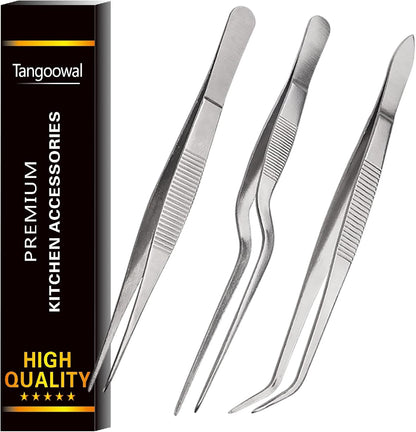 Kitchen Cooking Tweezers Culinary,3 Piece Set Stainless Steel Tweezer Precision Tongs Offset Tip for Cooking Food Design Styling(6.3-Inch)1