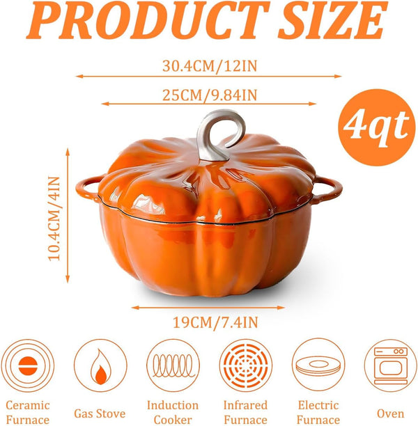Pumpkin Cast Iron Dutch Oven, 4Qt Enamel Cast Iron Cooking Pot with Lid | Pumpkin-Shaped Cocotte, Soup Pot - Serves 3-5, Christmas Thanksgiving Decor Gift, for Various Stoves2