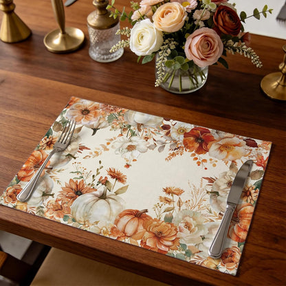 Linen Fall Placemats Set of 4-12.5 X 17 Inch Pumpkin Floral Wreath Seasonal Table Mats for Thanksgiving Dining, Home Kitchen, Outdoor Party3