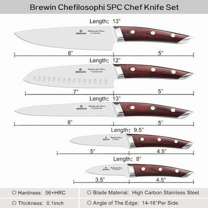 CHEFILOSOPHI Japanese Chef Knife Set 5 PCS with Elegant Red Pakkawood Handle Ergonomic Design,Professional Ultra Sharp Kitchen Knives for Cooking High Carbon Stainless Steel5